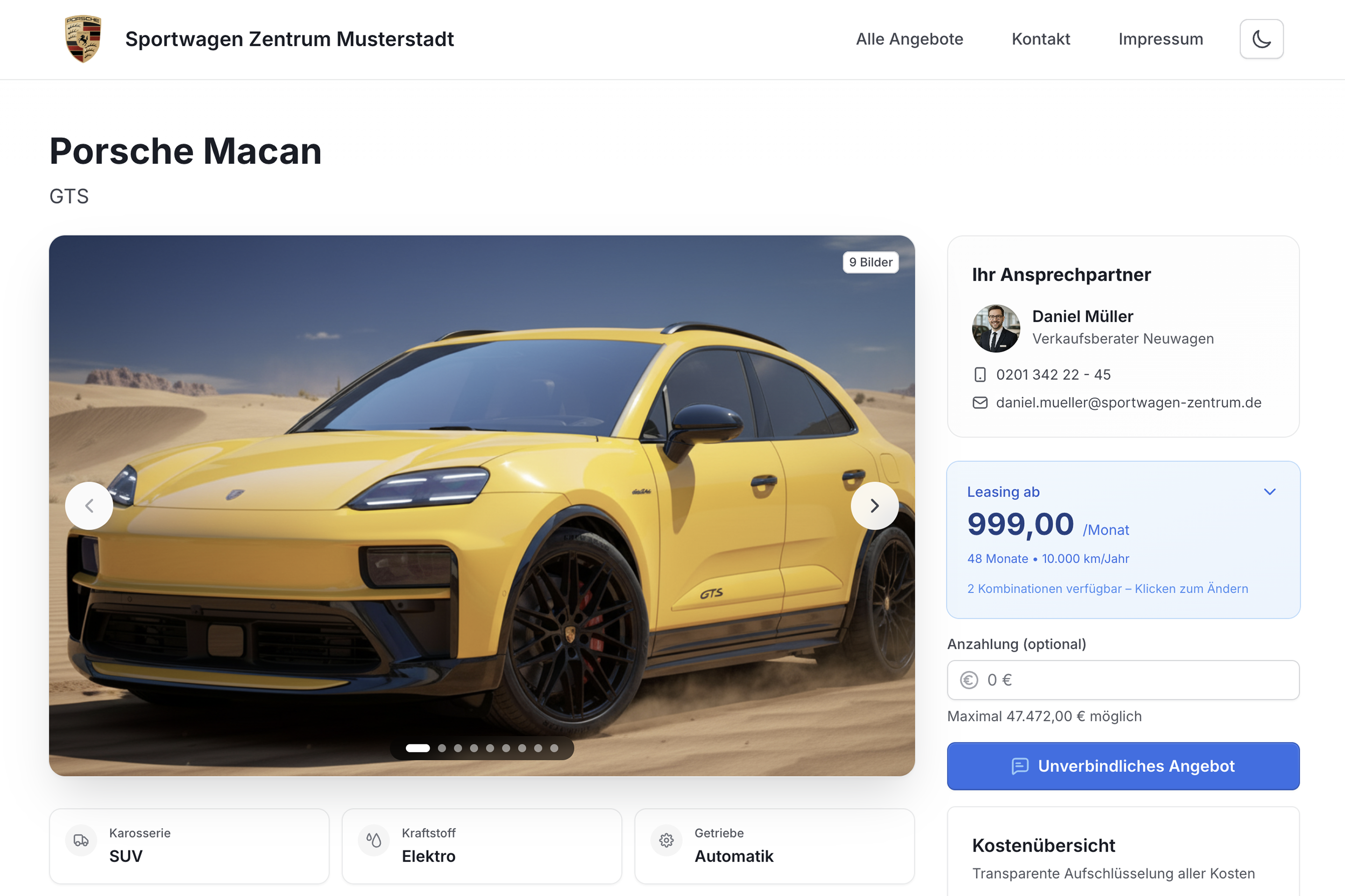 Carvitra Fahrzeug-Landingpage mit Porsche Macan - Leasing-Konfiguration und Bildergalerie