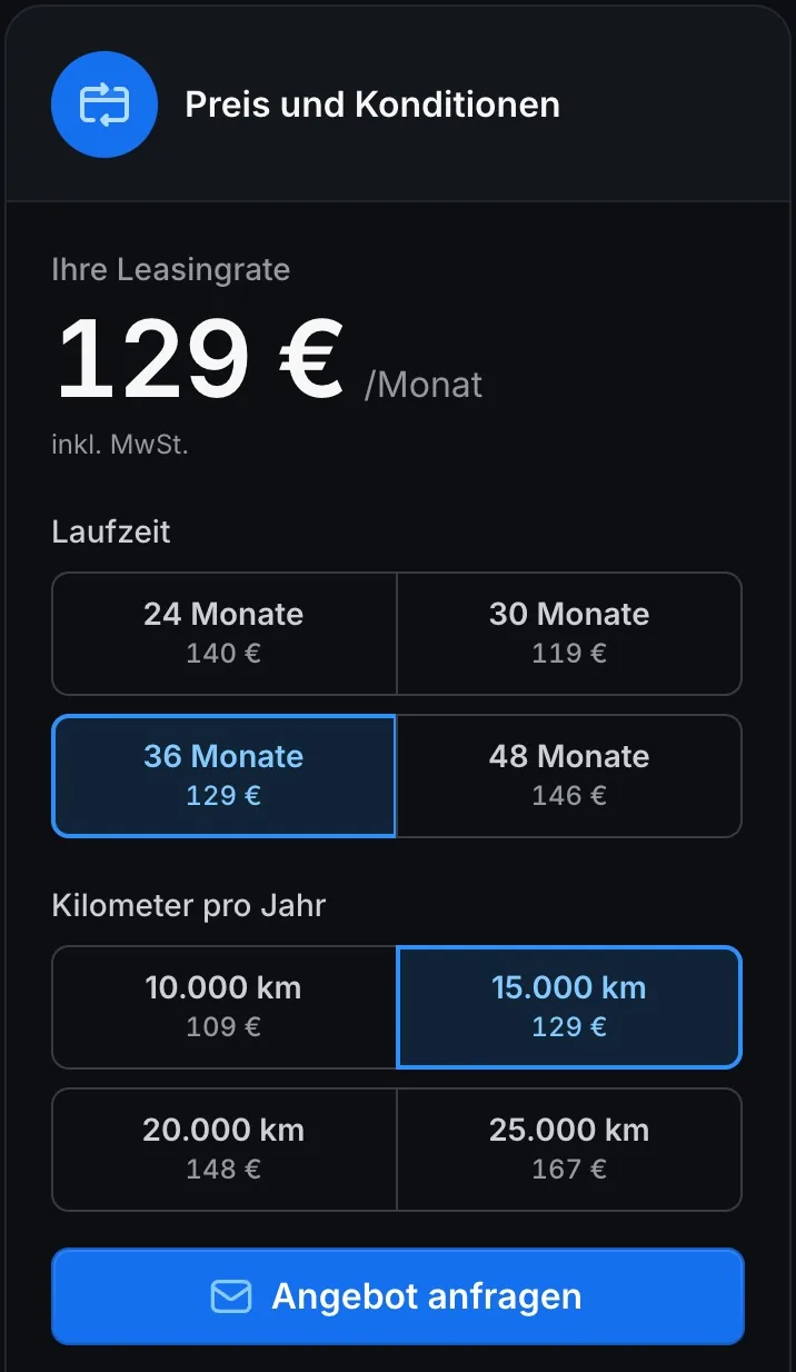 Leasing-Ratenmatrix: Laufzeit und Kilometer pro Jahr mit Monatsraten